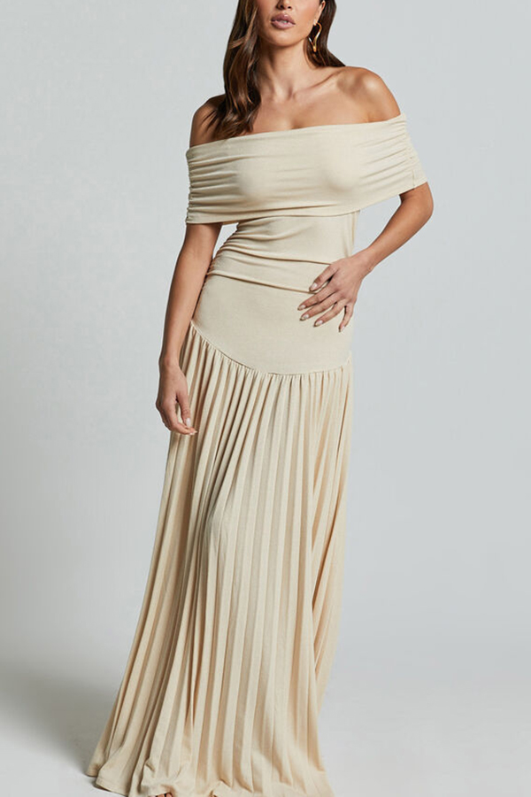 Sexy Off-shoulder Slim Fit Pleated Maxi Dress-consonak