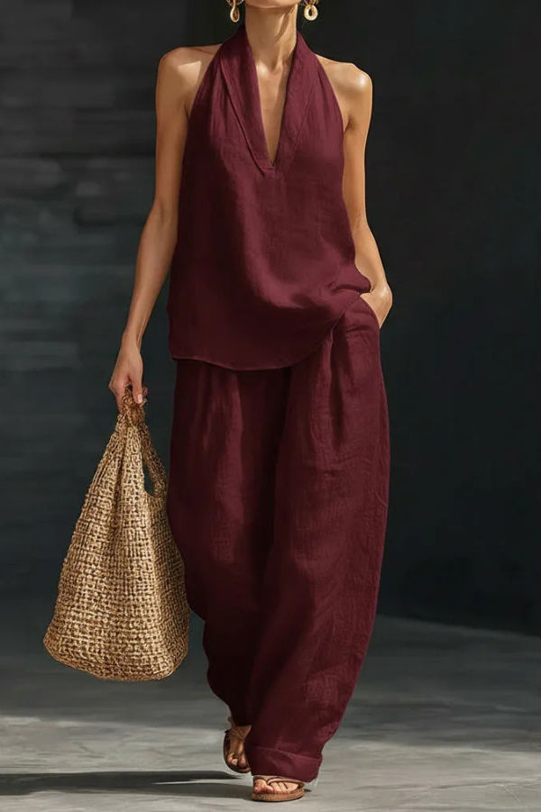 Linen Blend Solid Color V-neck Sleeveless Loose Top and Elastic Waist Casual Pocket Pants Set-Consonak