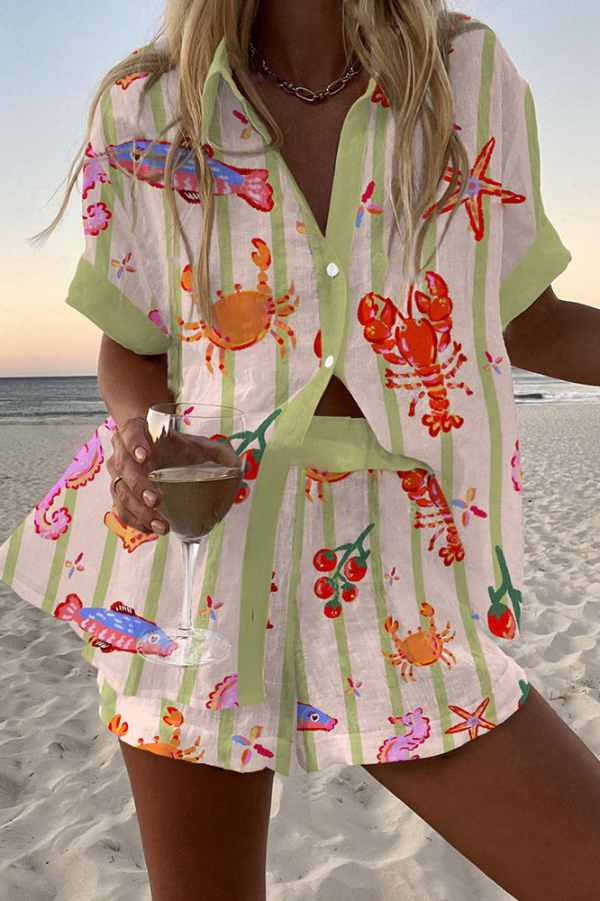 Lobster and Crab Print Loose Button Elastic Waist Shorts Set | Consonak