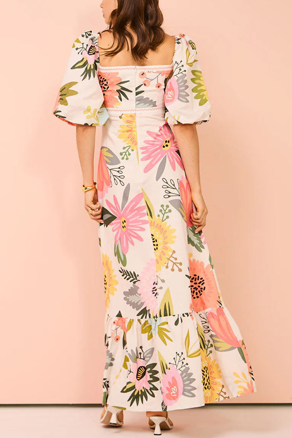 Looking for Sunshine Floral Print Square Neck Bubble Sleeve Maxi Dress-consonak