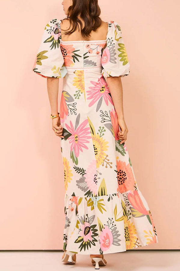 Looking for Sunshine Floral Print Square Neck Bubble Sleeve Maxi Dress-consonak