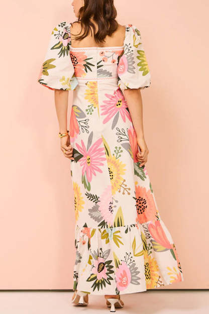 Looking for Sunshine Floral Print Square Neck Bubble Sleeve Maxi Dress-consonak