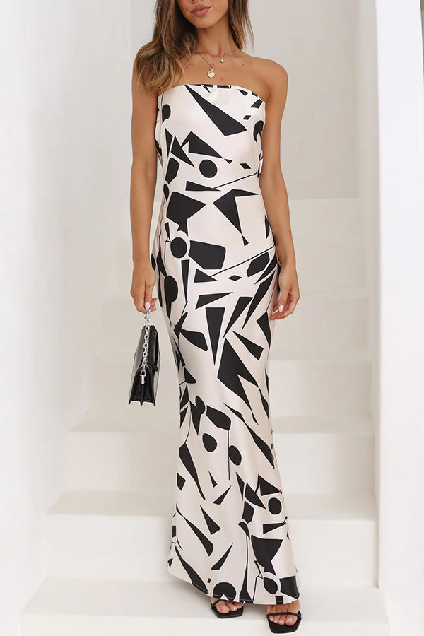 Cassy Satin Geometric Print Off Shoulder Maxi Dress-consonak