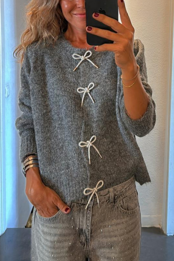 Paris Mornings Knit Front Bow Design Long Sleeve Relaxed Cardigan-consonak