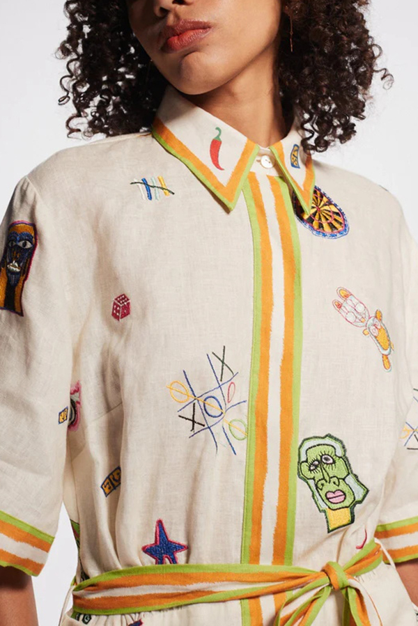 Britt Linen Blend Unique Printed Short Sleeved Pocket Tie Waist Mini Dress-consonak