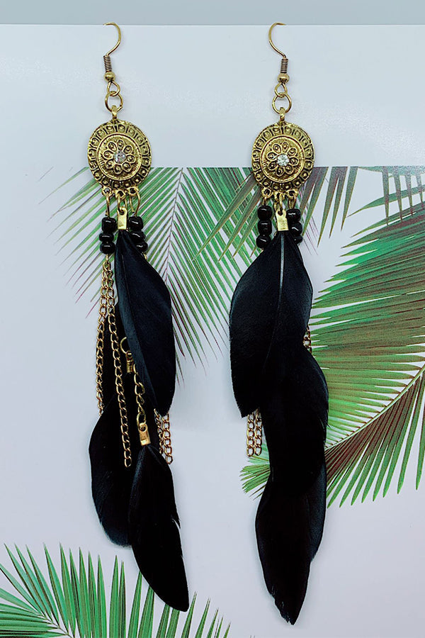 Vintage Chain Tassel Bohemian Feather Earrings-consonak