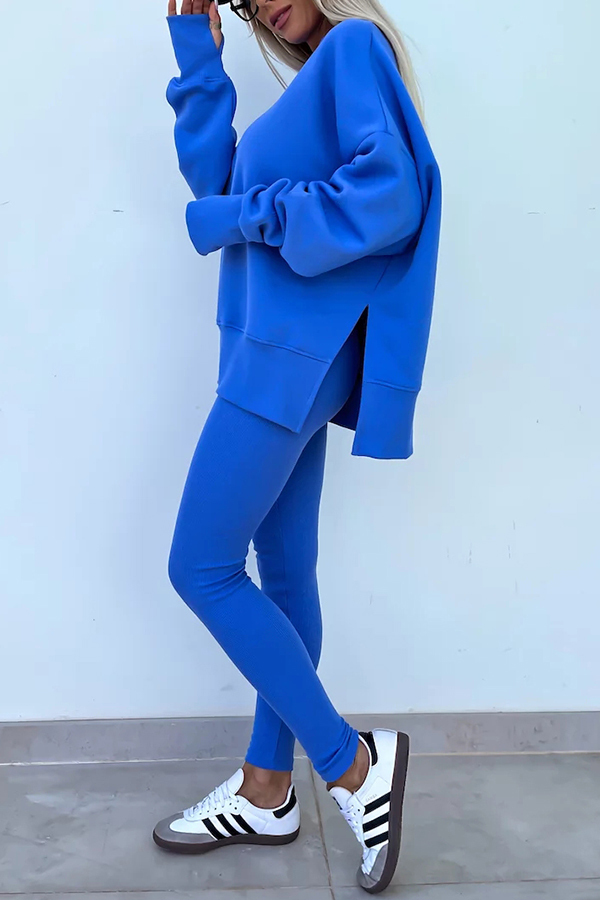 Solid Color Loose Long Sleeve SlitSweatshirt and Elastic Waist Tight Pants Set-consonak