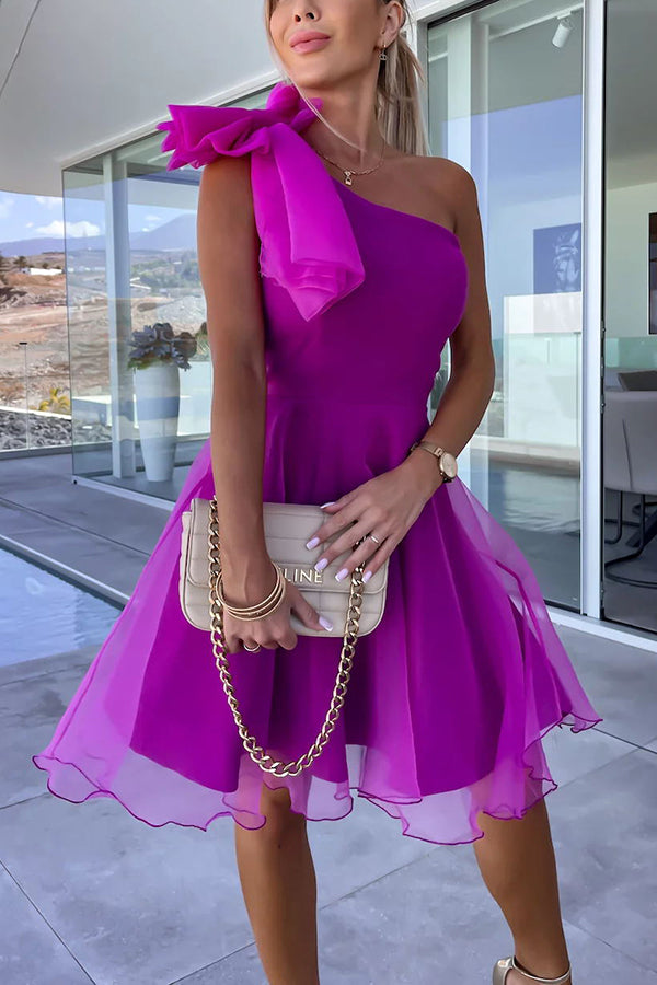 Lifetime Celebrations Tulle One Shoulder Bow Design Mini Dress-consonak