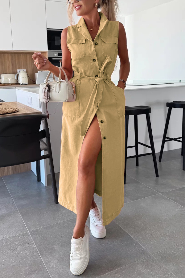 Solid Color Sleeveless Single Breasted Waist Tie Casual Pocket Denim Midi Dress | Consonak