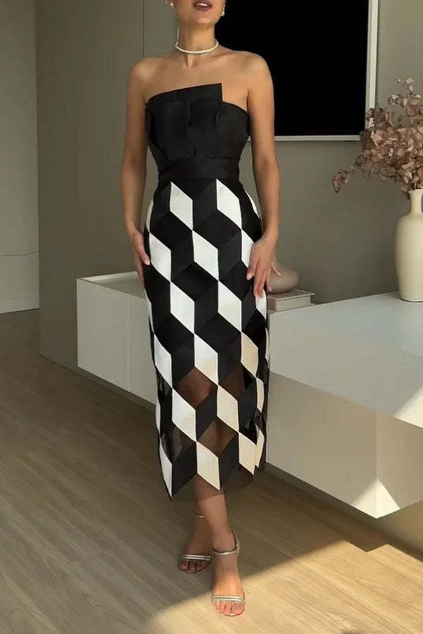 Sexy Tube Top and Backless Rhombus Contrast Midi Dress-consonak