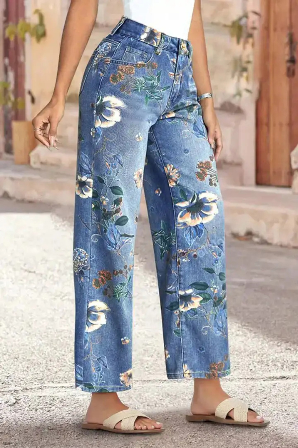 Floral Print Loose Pocket High-waisted Wide-leg Jeans