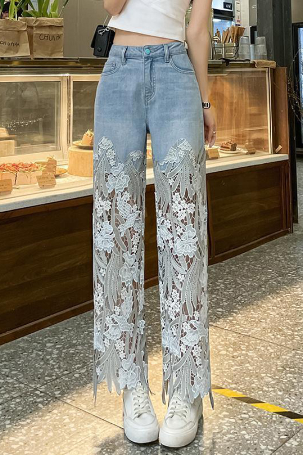 Elegant Lace Openwork Casual Pocket Straight Leg Jeans | Consonak