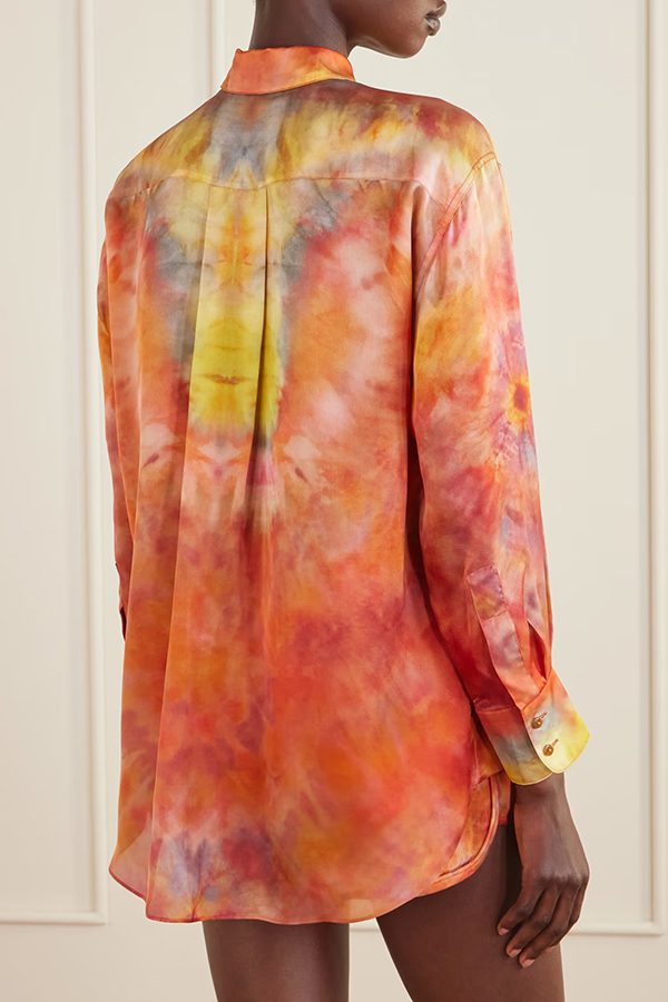 Vibrant Vacation Satin Tie-Dye Print Button Long Sleeve Shirt and Elastic Waist Pocket Shorts Set-consonak