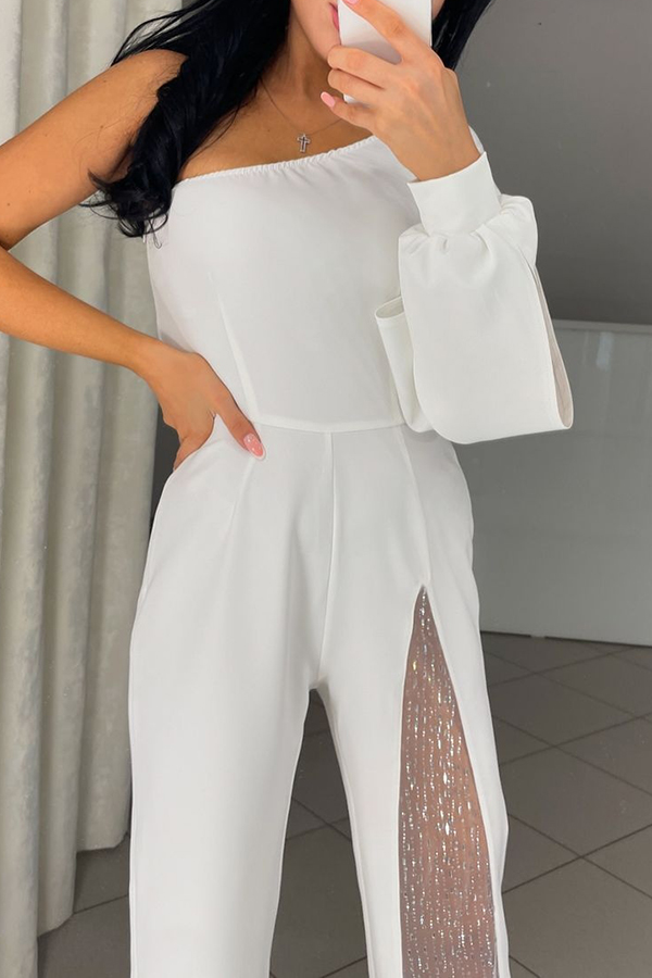 Fashionable Oblique Shoulder One-sleeve Sexy High Slit Slim Jumpsuit-consonak