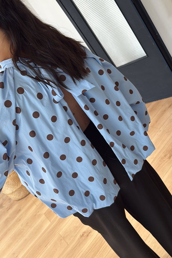 Issie Polka Dot Print Turtleneck Knotted Balloon Sleeve Back Slit Loose Blouse