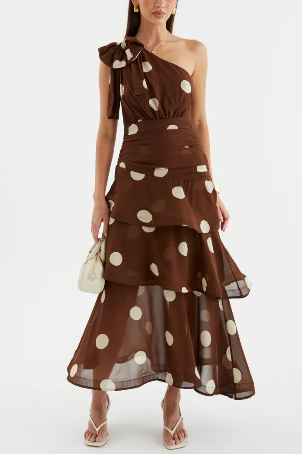Fashionable Polka Dot Print One-shoulder Sleeveless Layered Mesh Maxi Dress | Consonak