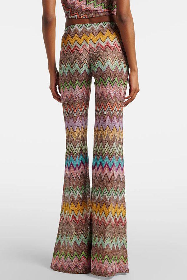 St.Tropez Moment Knit Colorful Zigzag Pattern Bell Sleeve Tie-up Crop Top and Stretch Flare Pants Set