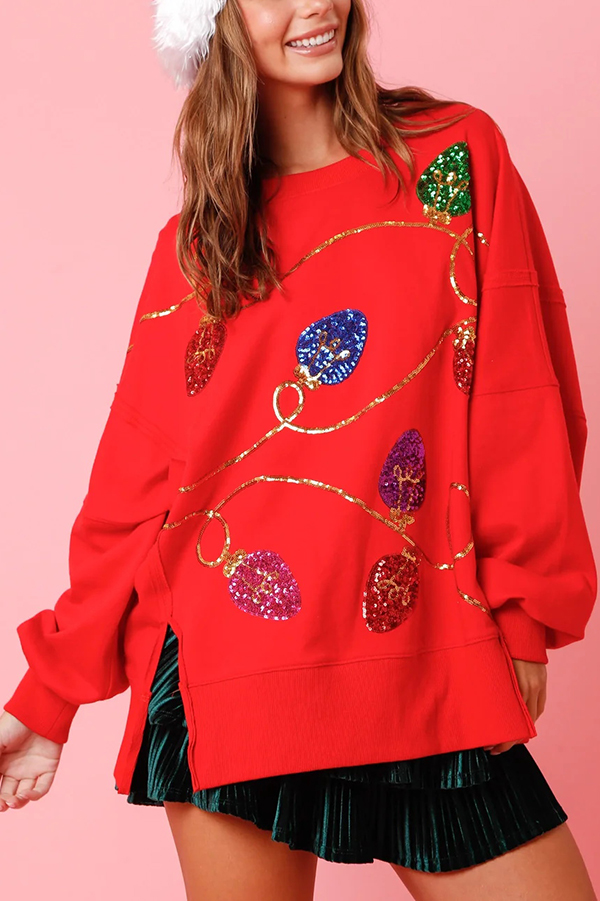 Christmas Lights Sequin Slit Pullover Sweatshirt-consonak