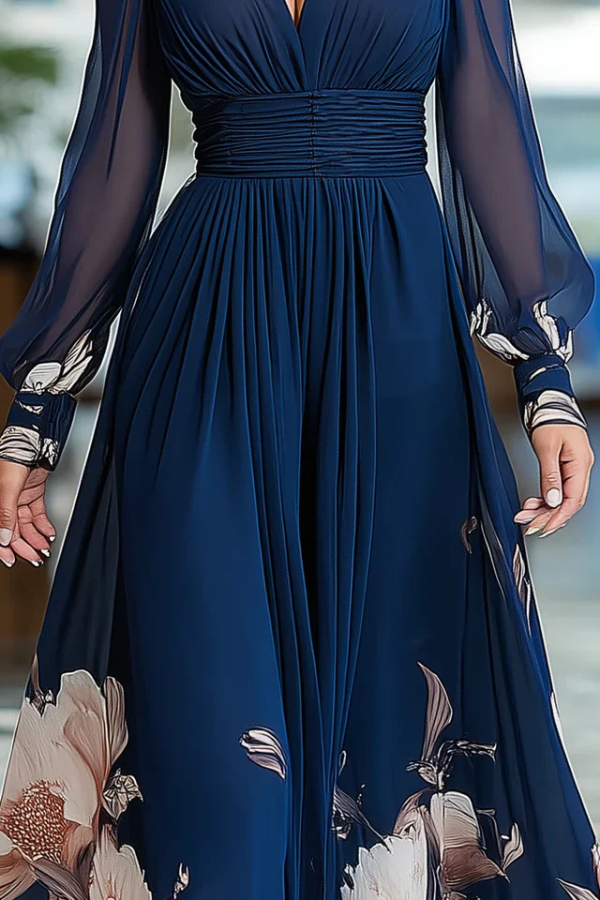 Floral Print Patchwork Mesh Long-sleeved V-neck Fitted Waist Maxi Dress | Consonak
