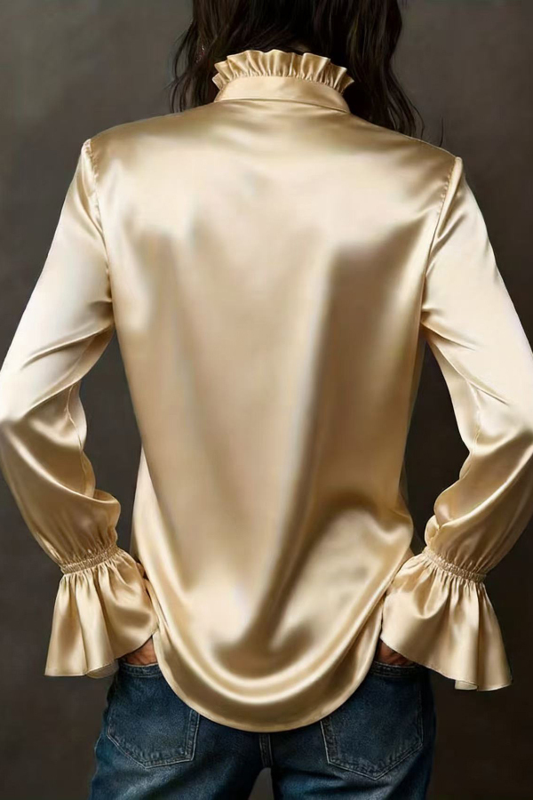 Solid Color Satin Casual Long-sleeved Button-down Shirt-consonak