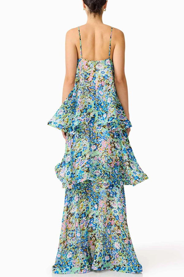 Armani Georgette Fabric Floral Print Tiered Slip Square Neck A-line Maxi Dress | Consonak