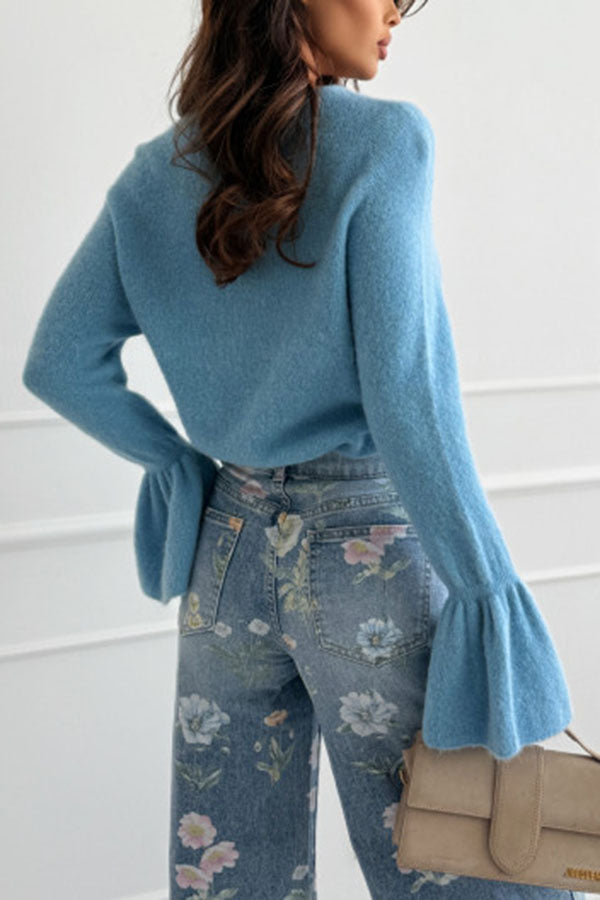 Spring Calling Knit Crew Neck Long Bell Sleeve Relaxed Sweater-consonak