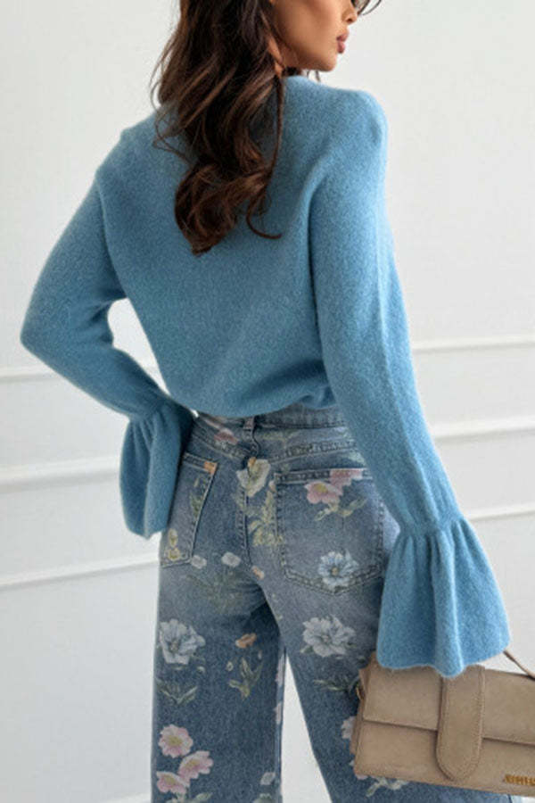 Spring Calling Knit Crew Neck Long Bell Sleeve Relaxed Sweater