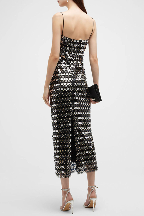 Sexy Sequined Halter-neck Backless Slim Fit Slit Midi Dress-consonak