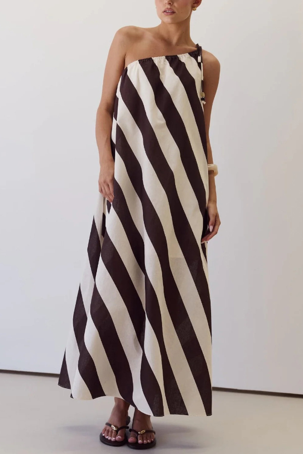 Fashionable Striped Print Loose One-shoulder Tie Vacation Maxi Dress