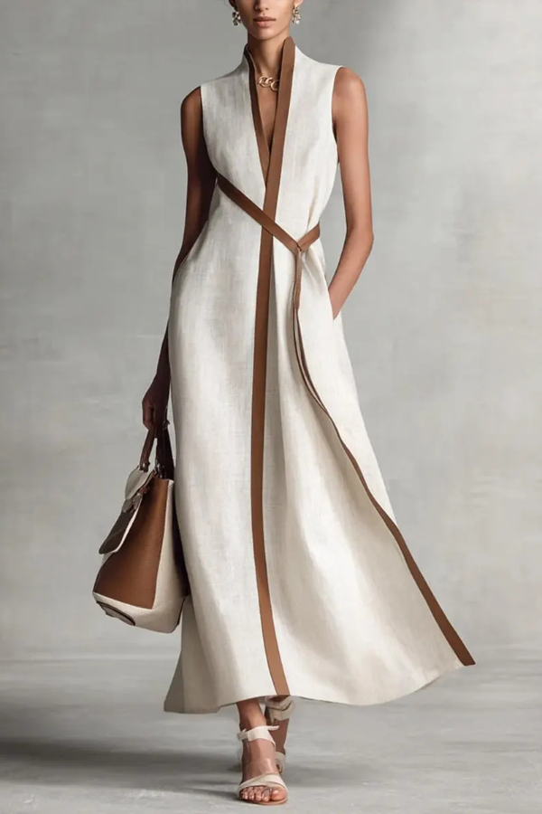 Linen Blend Color-blocked Edging V-neck Sleeveless Loose Maxi Dress | Consonak