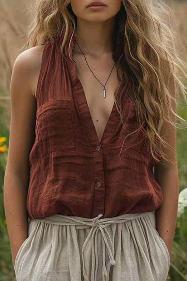 Linen Blend Solid Color Casual V-neck Pocket Sleeveless Shirt