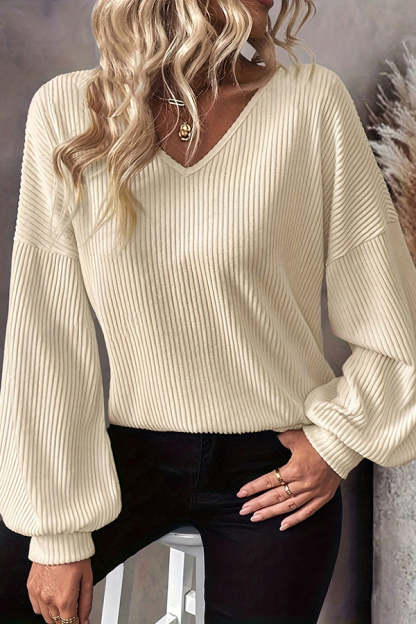 Solid Color Loose V-neck Long-sleeved Elegant Bow Knit Top-consonak