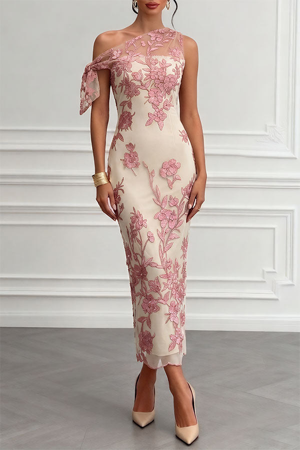 Kylen Floral Embroidery Bow Lace One Shoulder Sleeveless Sheath Maxi Dress-Consonak
