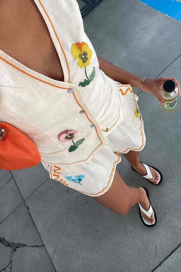 Summer Flower Printed Linen Blend Button Vest and Elastic Waist Pocketed Shorts Set-consonak