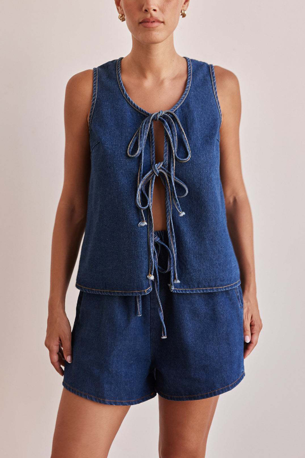 Stylish Sleeveless Round Neck Tie-up Casual Denim Vest