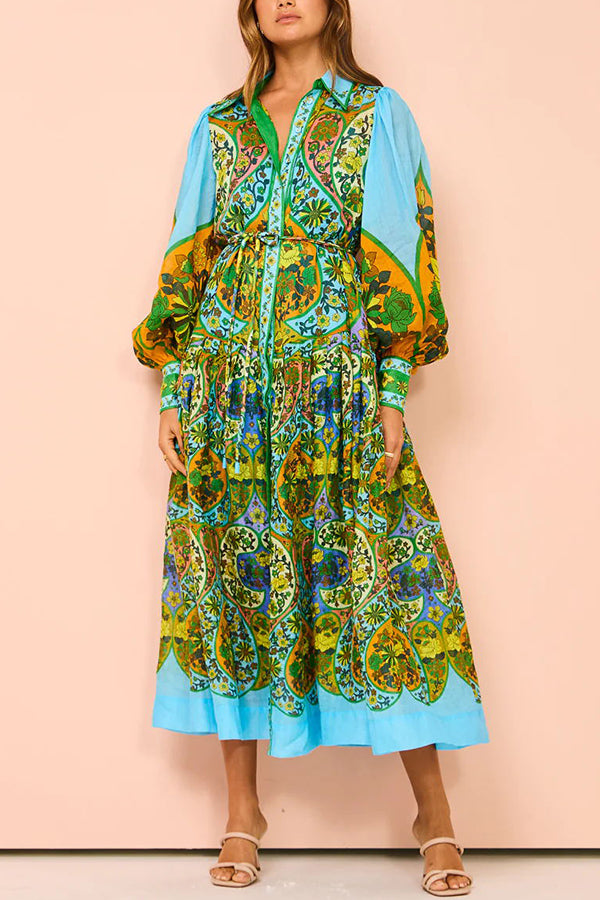 Feeling Butterflies Multi Unique Print Balloon Sleeve Belt Shirt Midi Dress-consonak