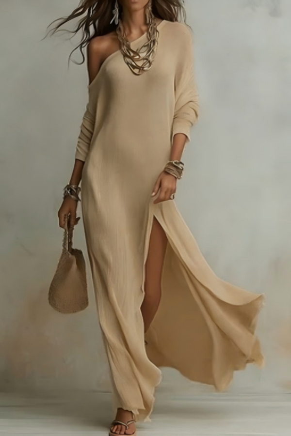 Solid Color Loose-fitting Slant Collar Long-sleeved Casual Slits Maxi Dress With