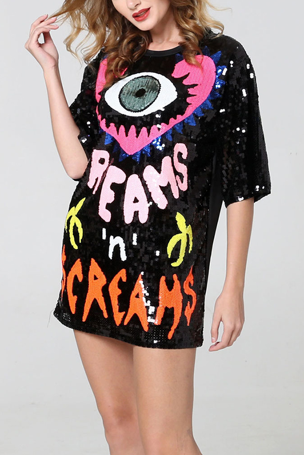 Love Eyes Letters Sequined Round Neck Short Sleeve Mid-Length Loose T-Shirt-consonak
