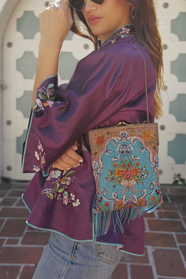 Vintage Dreams Satin Floral Print Cheongsam Style Neck Half Sleeve Blouse