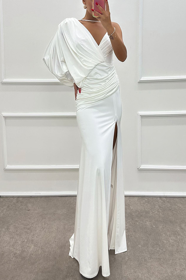 Like Venus One Shoulder Bat Sleeve Ruched Detail Slit Gown Maxi Dress-consonak