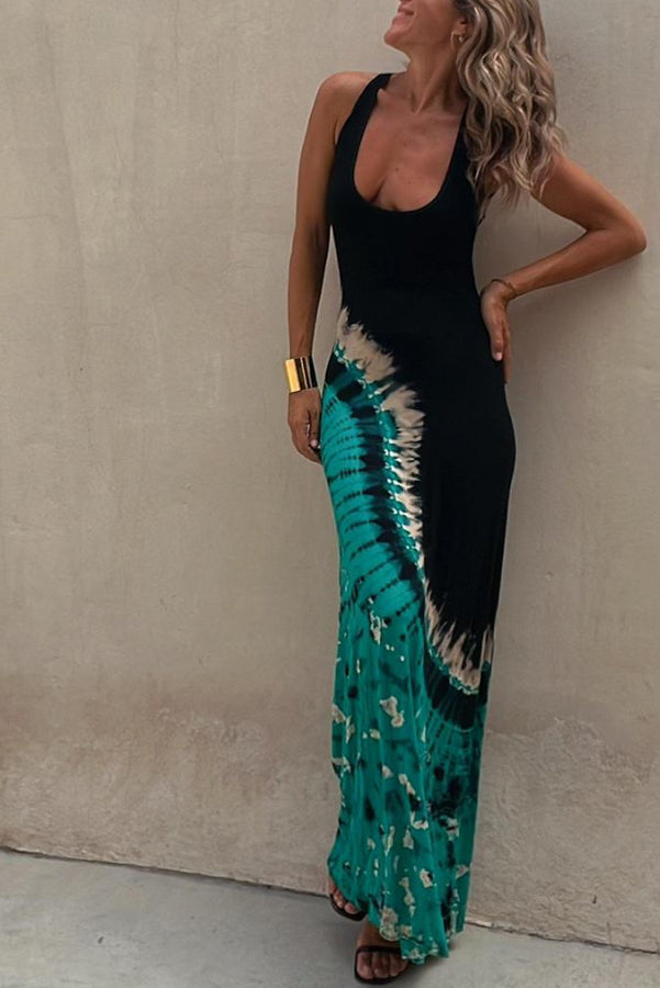 Summer Adventures Tie-dye Print Back Lace-up Stretch Maxi Dress-consonak