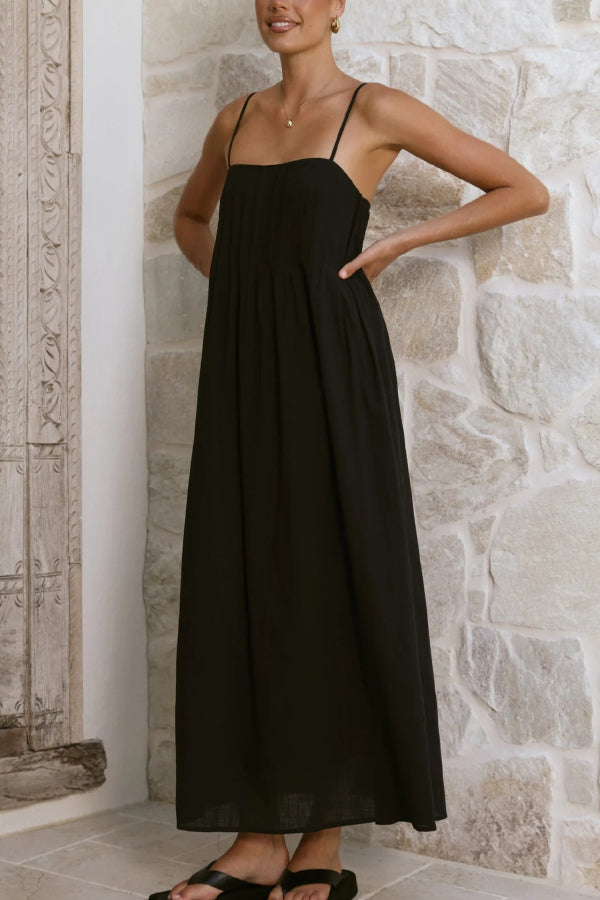 Solid Color Pleated Square Neck Suspender Casual Midi Dress