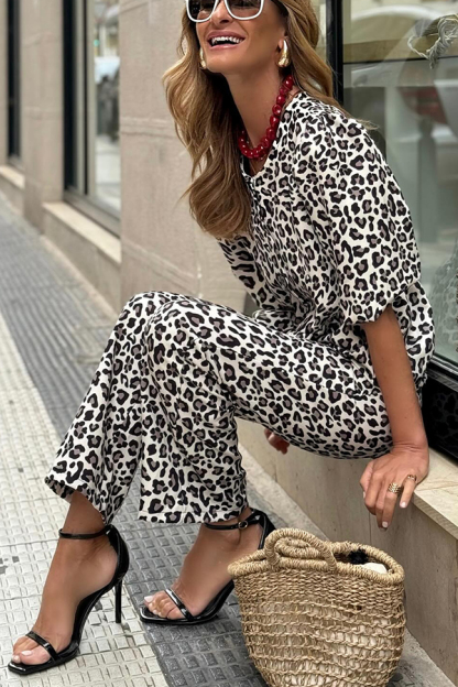 Enjoy Everyday Leopard Print Puff Sleeve Babydoll Top and Elastic Waist Pocketed Pant Set-consonak