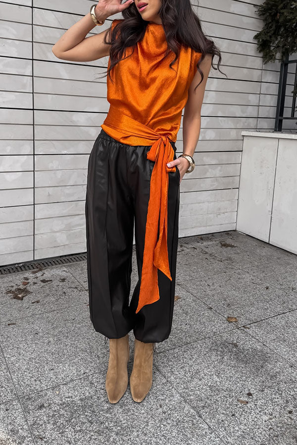 L'Aura Padded-Shoulder Wrap-Around Satin Top-Consonak