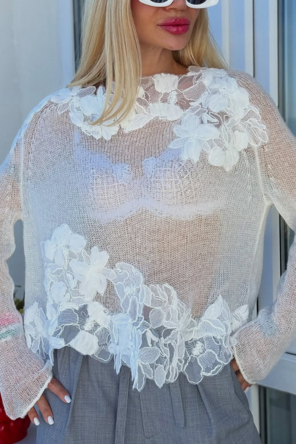 Fashionable Lace Floral Casual Knit See-through Long-sleeved Top