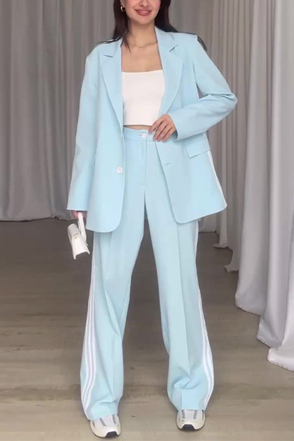 Fresh and Casual Style Striped Trim Lapel Blazer and High Rise Pocket Loose Pants Set-consonak