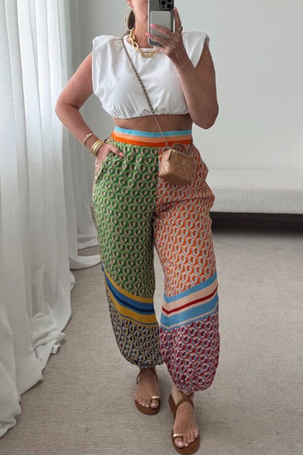 Brazil's Joyful Spirit Colorful Unique Print Elastic Waist Pocketed Loose Bloomer Pants-consonak