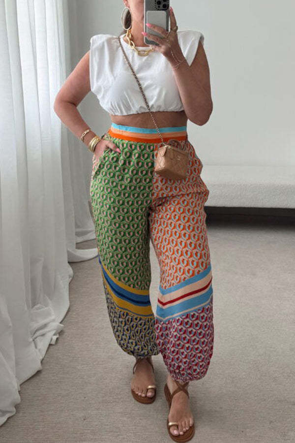 Brazil's Joyful Spirit Colorful Unique Print Elastic Waist Pocketed Loose Bloomer Pants-consonak