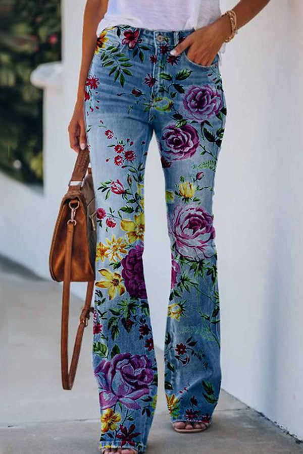 On A Drive Printed Faux Denim High Rise Flare Pants | Consonak
