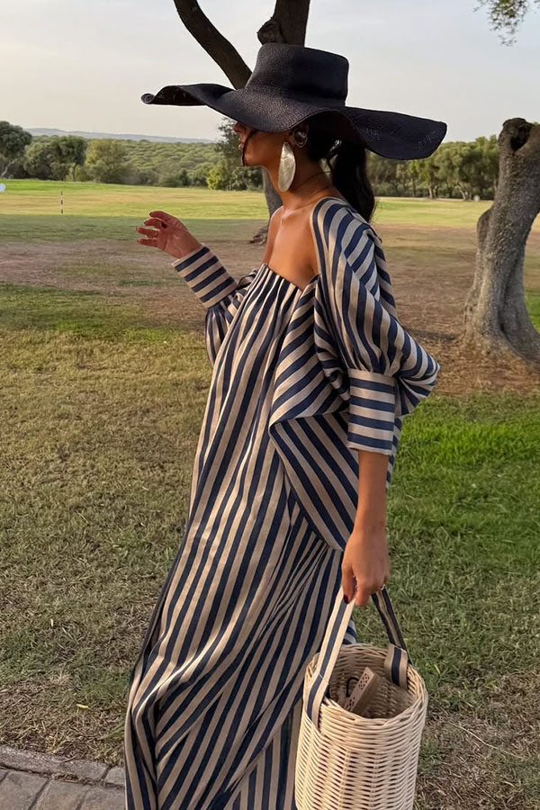 Berry Satin-Striped Detachable Balloon Sleeve Jacket Strapless Maxi Dress | Consonak